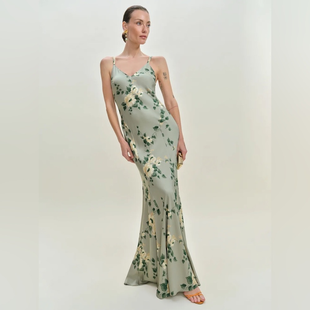 Reformation Sage Green Floral Slip Maxi Dress